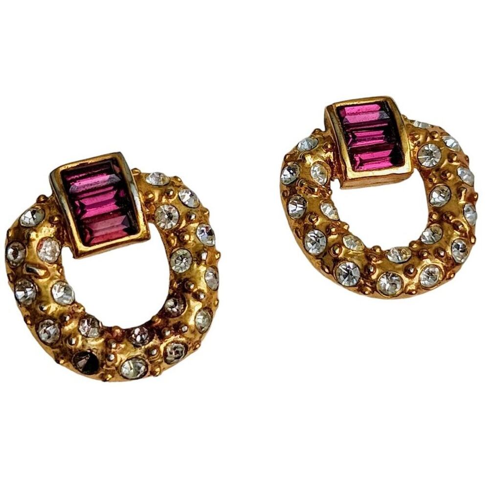 VNT Roman Rhinestone Faux Amethyst Glass Gold Tone Earrings Weddding Prom Party